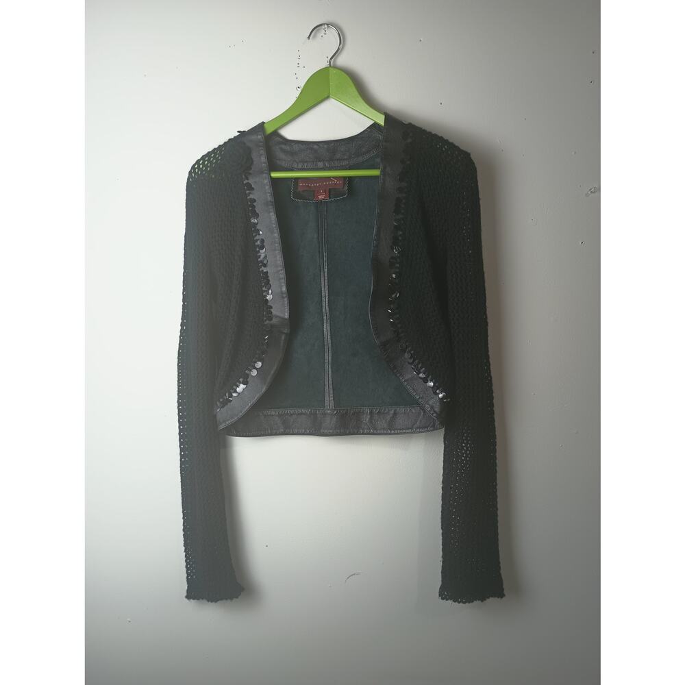 Margaret‎ Godfrey Blk Leather Cropped Jacket Crochet Sleeves Small Goth Festival